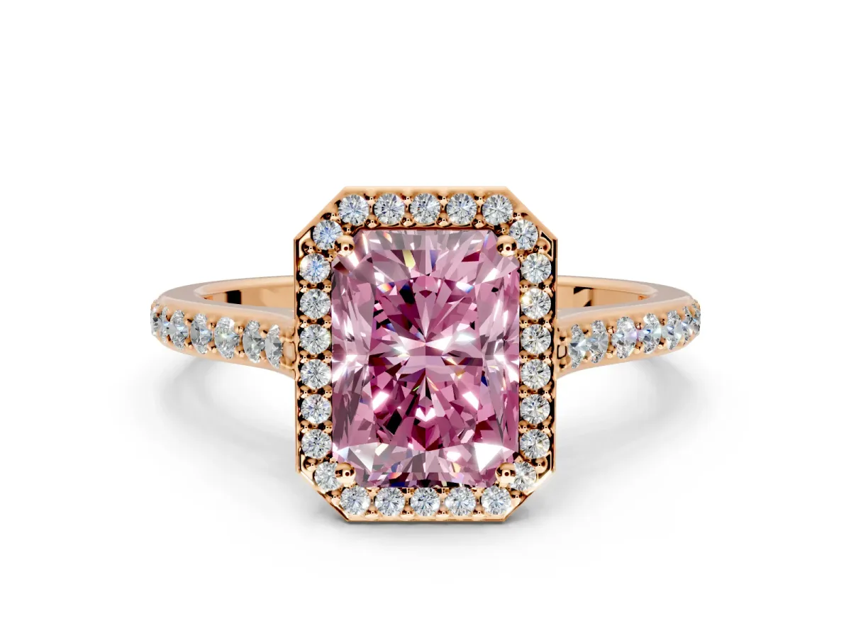 Halo Engagement Ring Setting for Fancy Pink Radiant Cut Center with Pave Accents, Heart Basket and Prong Head in Rose Gold