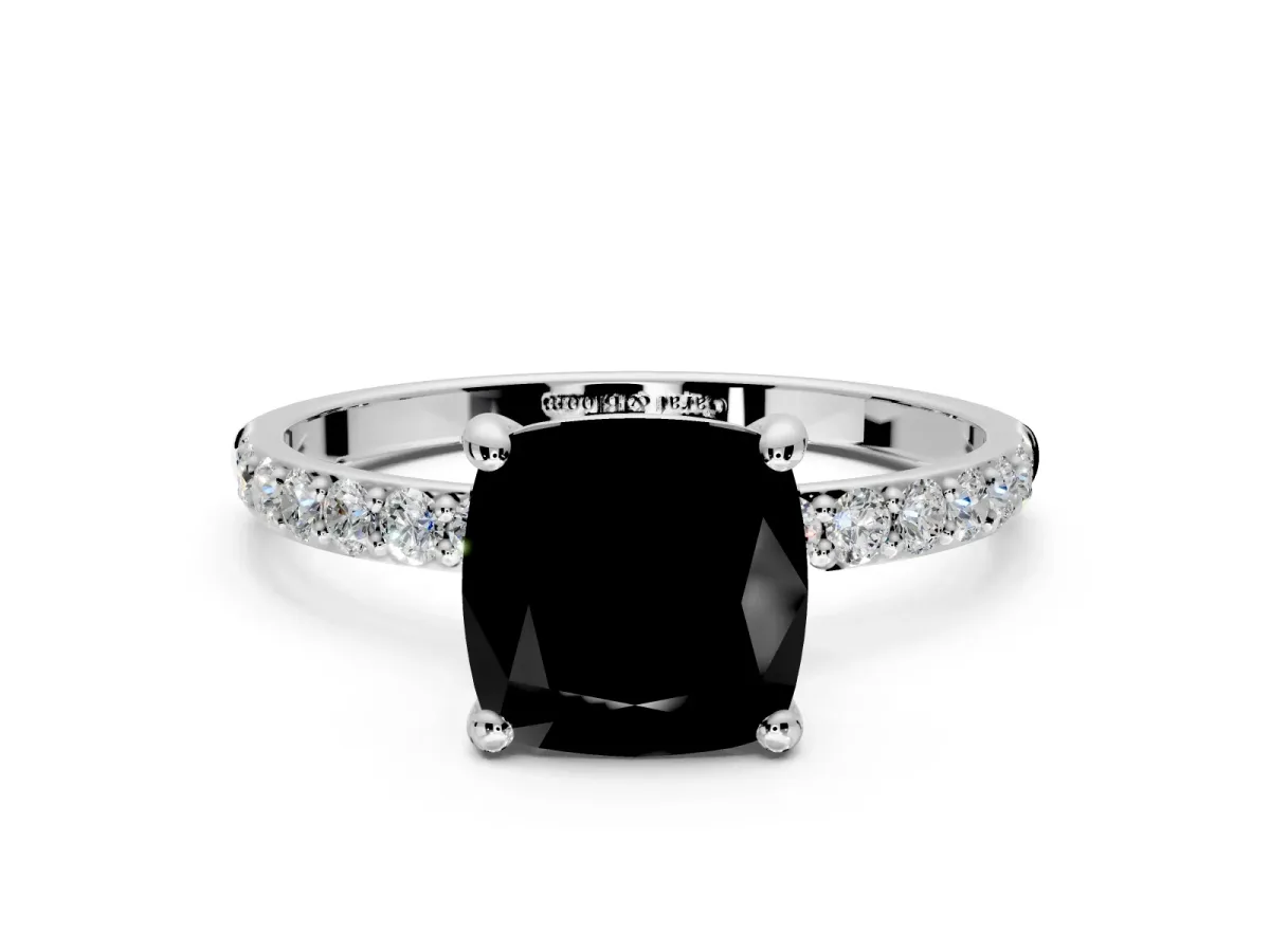 Solitaire Engagement Ring Setting for Fancy Black Cushion Cut Center with Pave Accents and Prong Head in Platinum