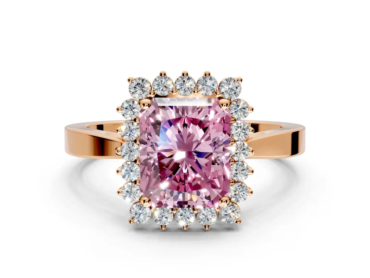 Starburst Halo Engagement Ring Setting for Fancy Pink Radiant Cut Center with Flat Cathedral Band and Prong Head in Rose Gold