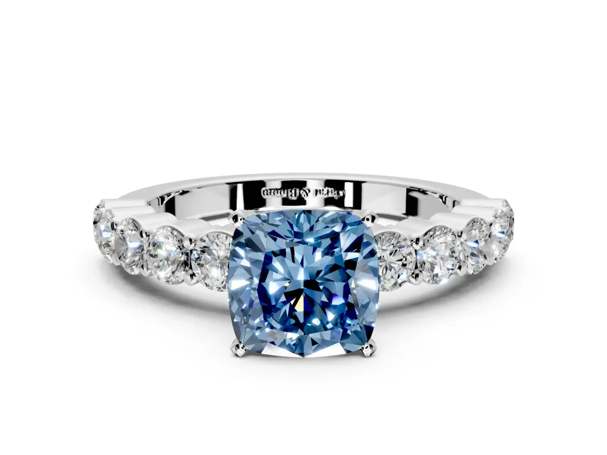 Shared-Prong Engagement Ring Setting for Fancy Blue Cushion Cut Center with Graduated Accents and Prong Head in Platinum