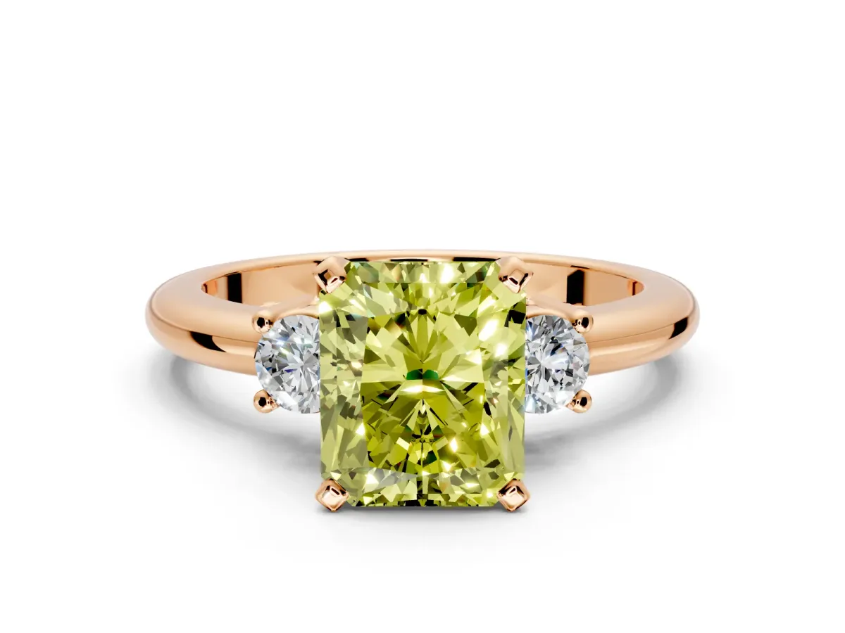 3 Stone Engagement Ring Setting for Fancy Yellow Radiant Cut Center with Wide Plain Band and Prong Head in Rose Gold