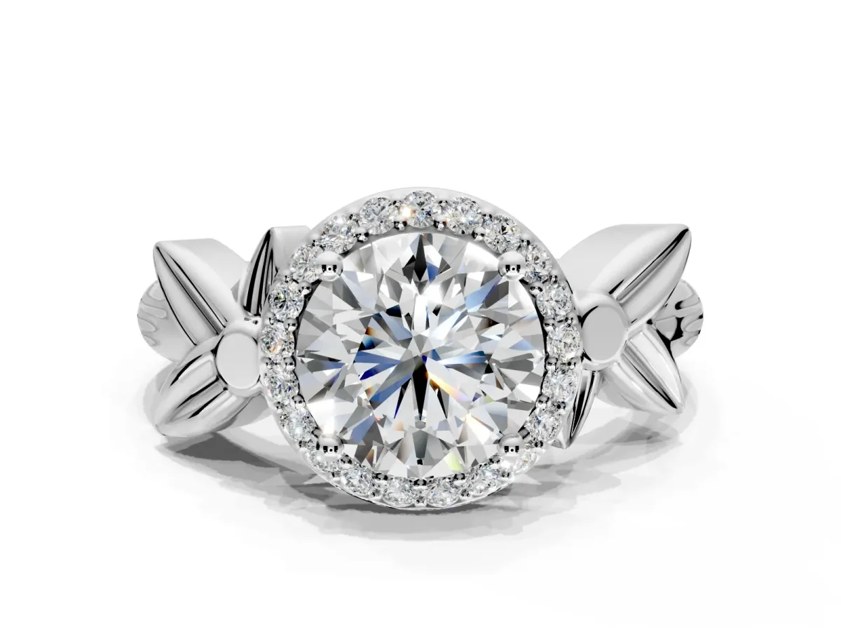 Halo Engagement Ring Setting for Round Cut Center with Floral Band and Prong Head in Platinum
