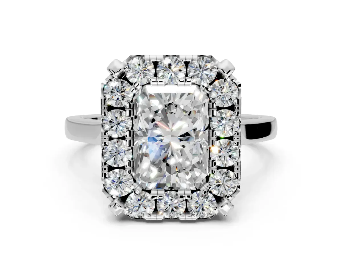 Single Halo Engagement Ring Setting for Radiant Cut Center with Corner Claws, Plain Band and Prong Head in Sterling Silver