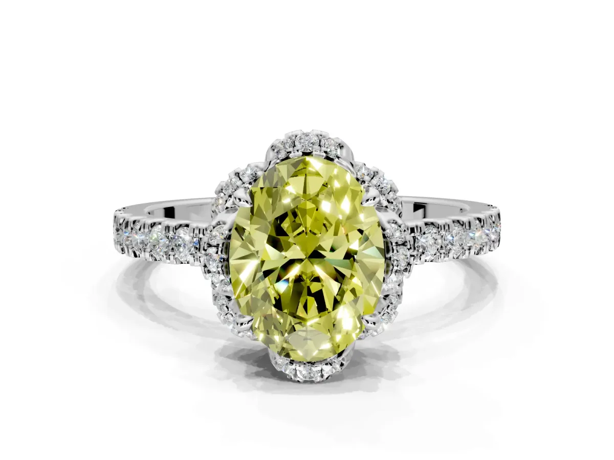 Halo Engagement Ring Setting for Fancy Yellow Oval Center with Openwork Halo, Pave Band and Prong Head in Platinum