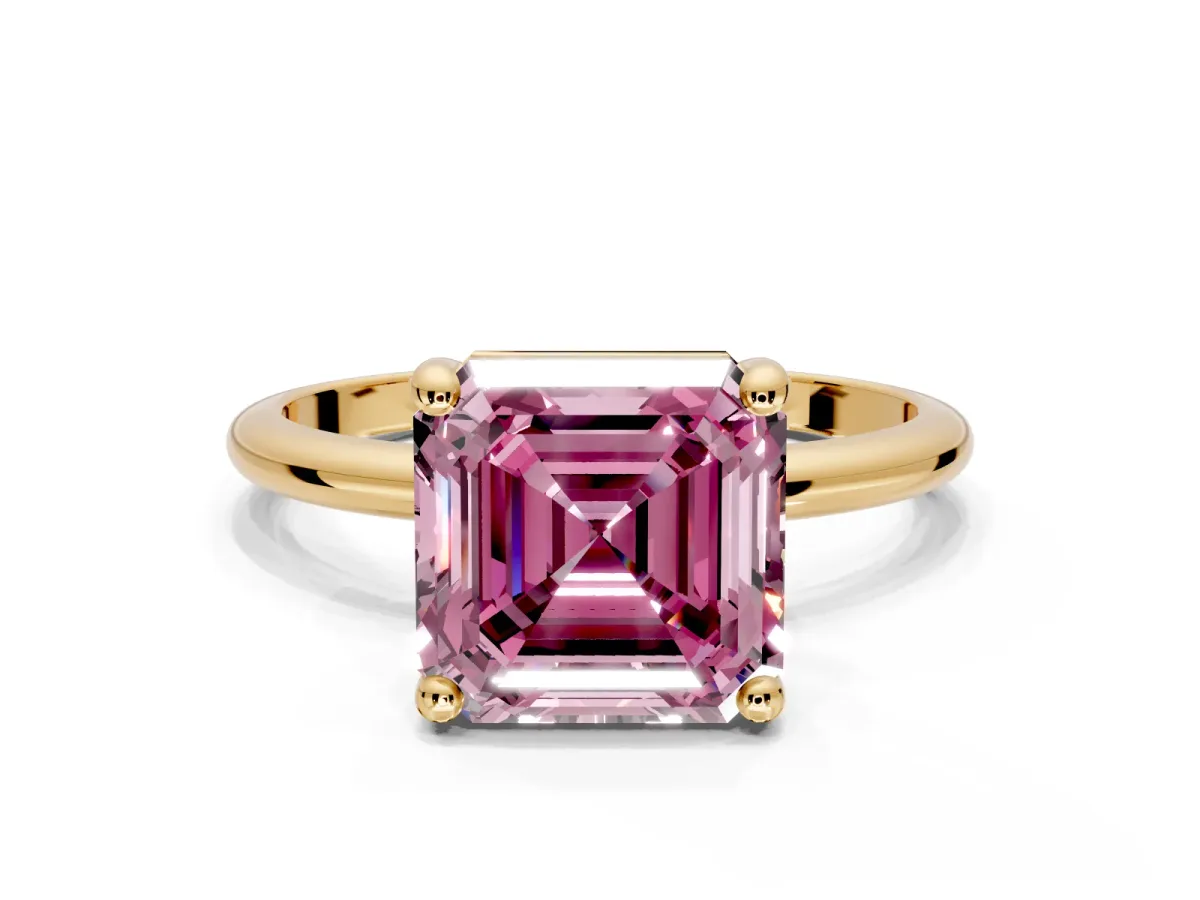 Minimalist Solitaire Engagement Ring Setting for Fancy Pink Asscher Cut Center with Thin Band and Prong Head in Yellow Gold