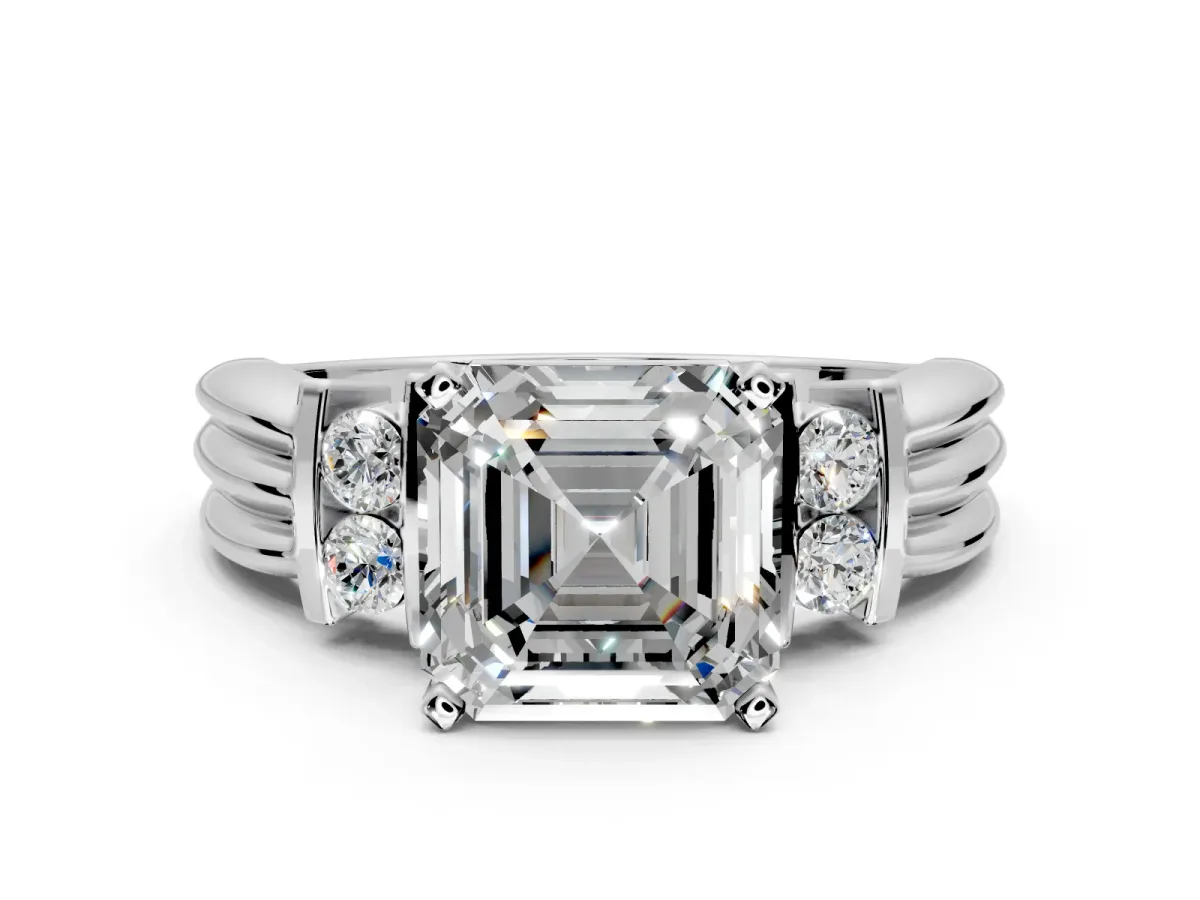 Solitaire Engagement Ring Setting for Asscher Cut Center with Grooved Bar Accent Band and Prong Head in Platinum