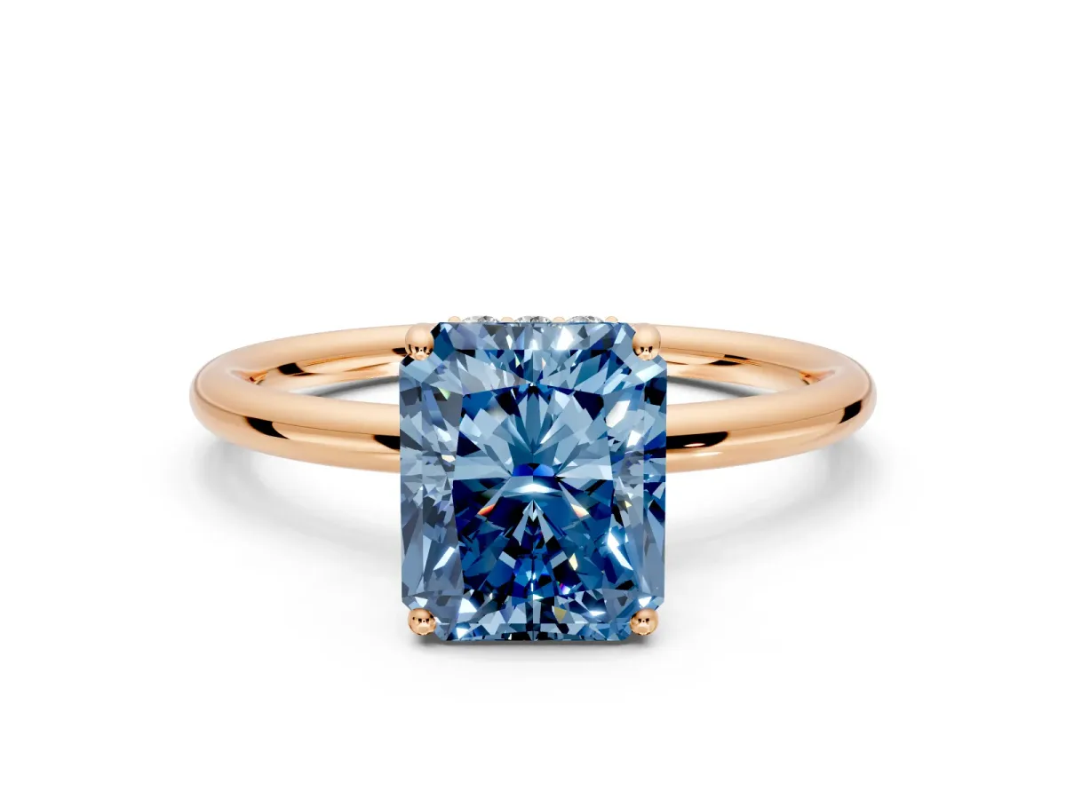 Solitaire Engagement Ring Setting for Fancy Blue Radiant Cut Center with Plain Band, Open Basket and Prong Head in Rose Gold