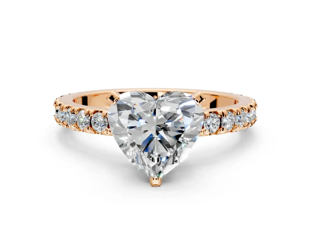 Solitaire Engagement Ring Setting for Heart-Shaped Center with Fine Pave Band and Claw Prong Head in Rose Gold