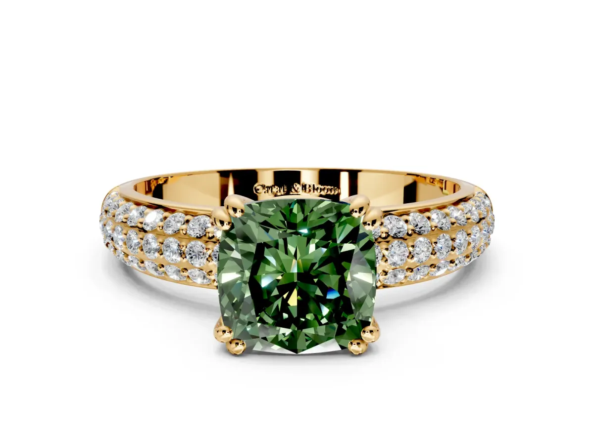 Solitaire Engagement Ring Setting for Fancy Green Cushion Cut Center with Multi-Row Pave Accents and Basket Head in Yellow Gold