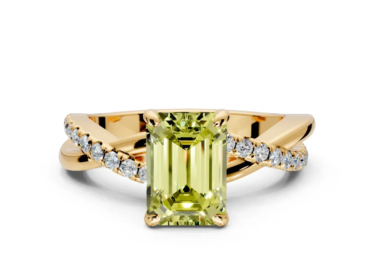 Solitaire Engagement Ring Setting for Fancy Yellow Emerald Cut Center with Half-Pave Crossover Band and Prong Head in Yellow Gold