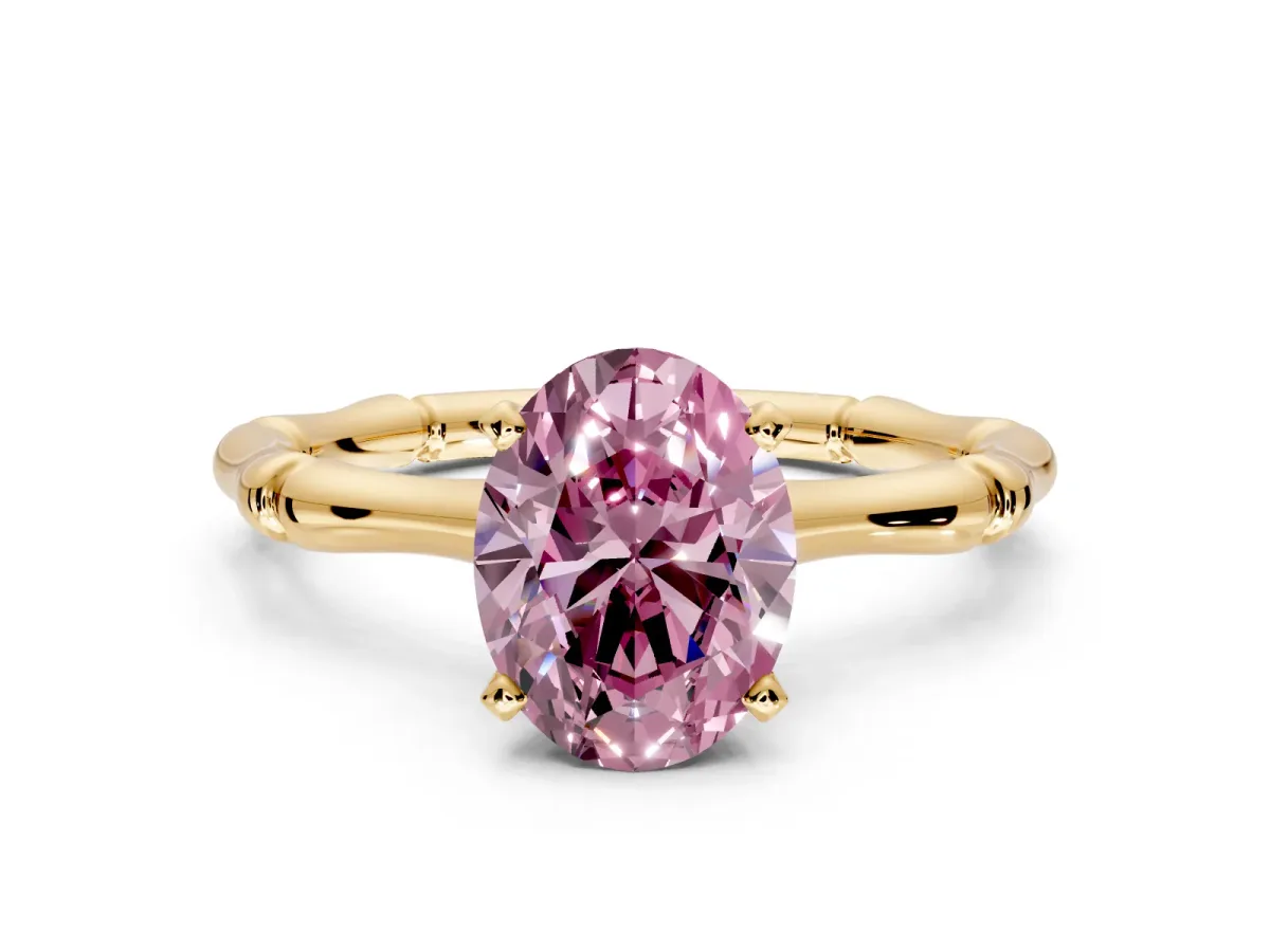 Solitaire Engagement Ring Setting for Fancy Pink Oval Center with Bamboo Band and Prong Head in Yellow Gold