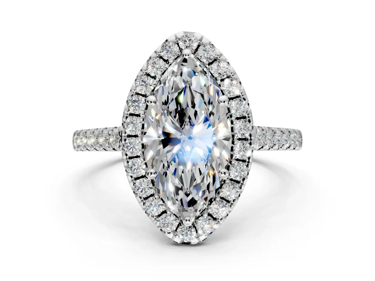 Halo Engagement Ring Setting for Marquise Center with Raised Halo, Pave Band and Prong Head in White Gold