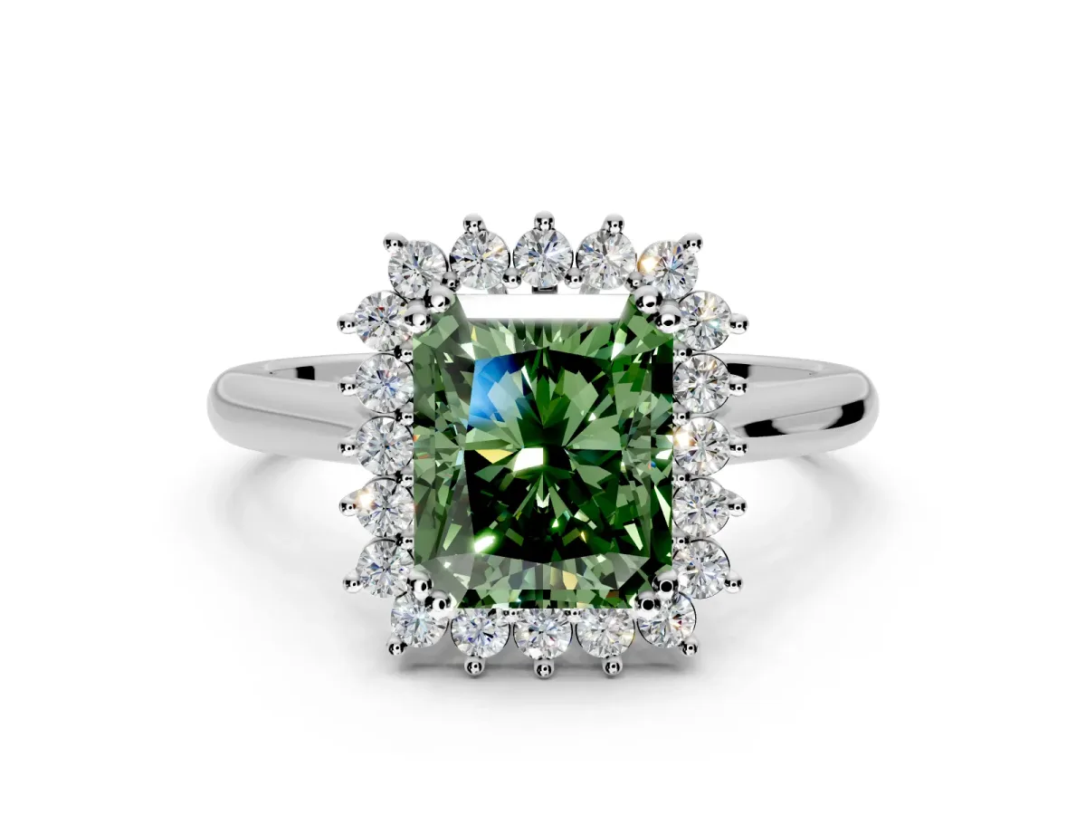 Starburst Halo Engagement Ring Setting for Fancy Green Radiant Cut Center with Thin Round-Wire Band and Prong Head in White Gold