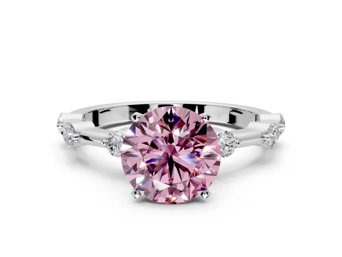 Solitaire Engagement Ring Setting for Fancy Pink Round Cut Center with Bezel Station Band and Prong Head in Sterling Silver
