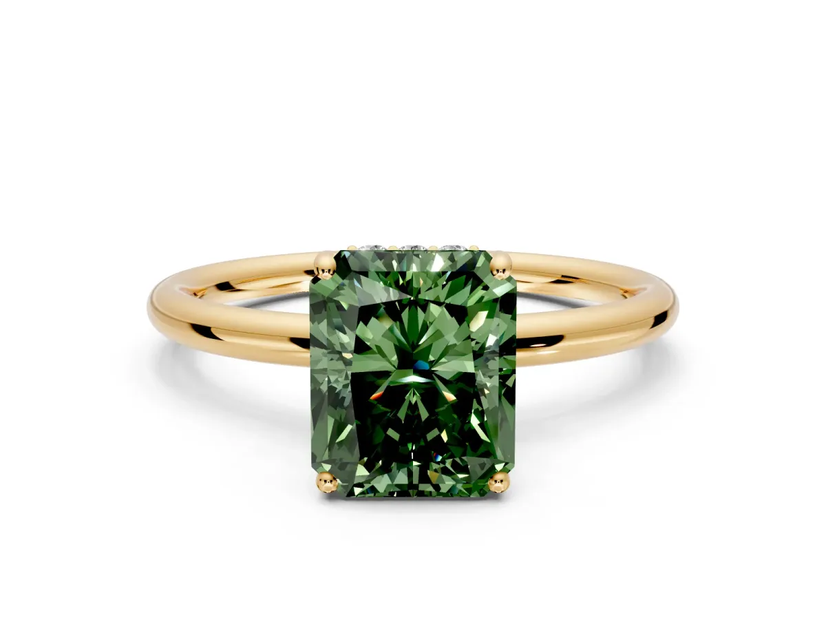 Solitaire Engagement Ring Setting for Fancy Green Radiant Cut Center with Plain Band, Open Basket and Prong Head in Yellow Gold