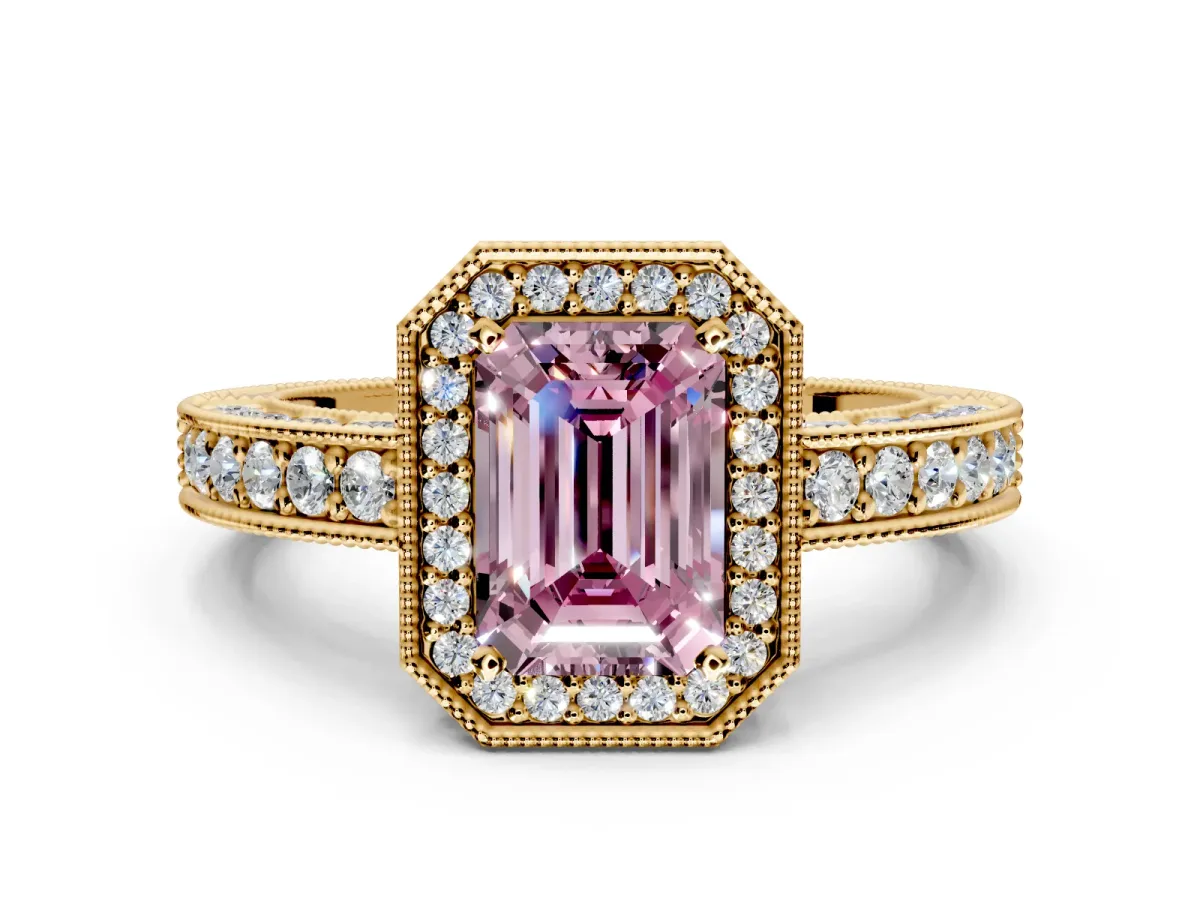 Milgrain Halo Engagement Ring Setting for Fancy Pink Emerald Cut Center with Wide Pave Band and Prong Head in Yellow Gold