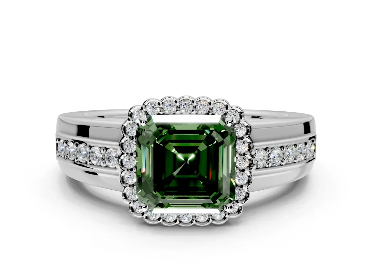Halo Engagement Ring Setting for Fancy Green Asscher Cut Center with Wide Band, Inlaid Accent Row and Prong Head in Sterling Silver