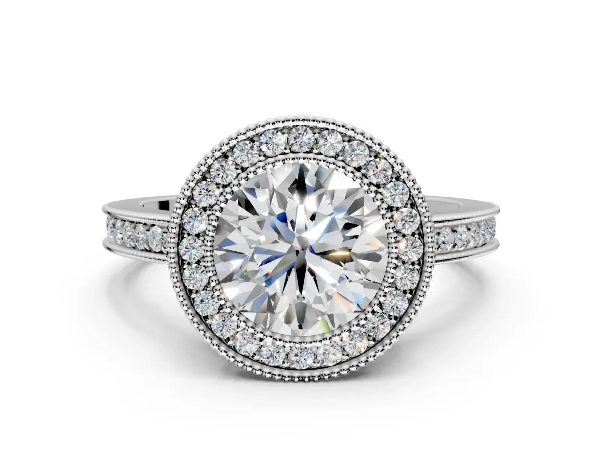 Halo Engagement Ring Setting for Round Cut Center with Milgrain Halo, Pave Band and Prong Head in White Gold