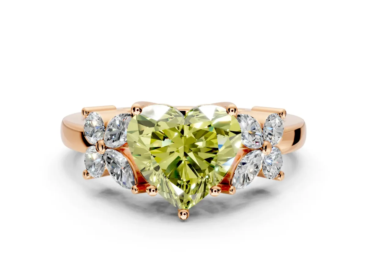 Floral Engagement Ring Setting for Fancy Yellow Heart-Shaped Center with Marquise Cluster Shoulders and Prong Head in Rose Gold