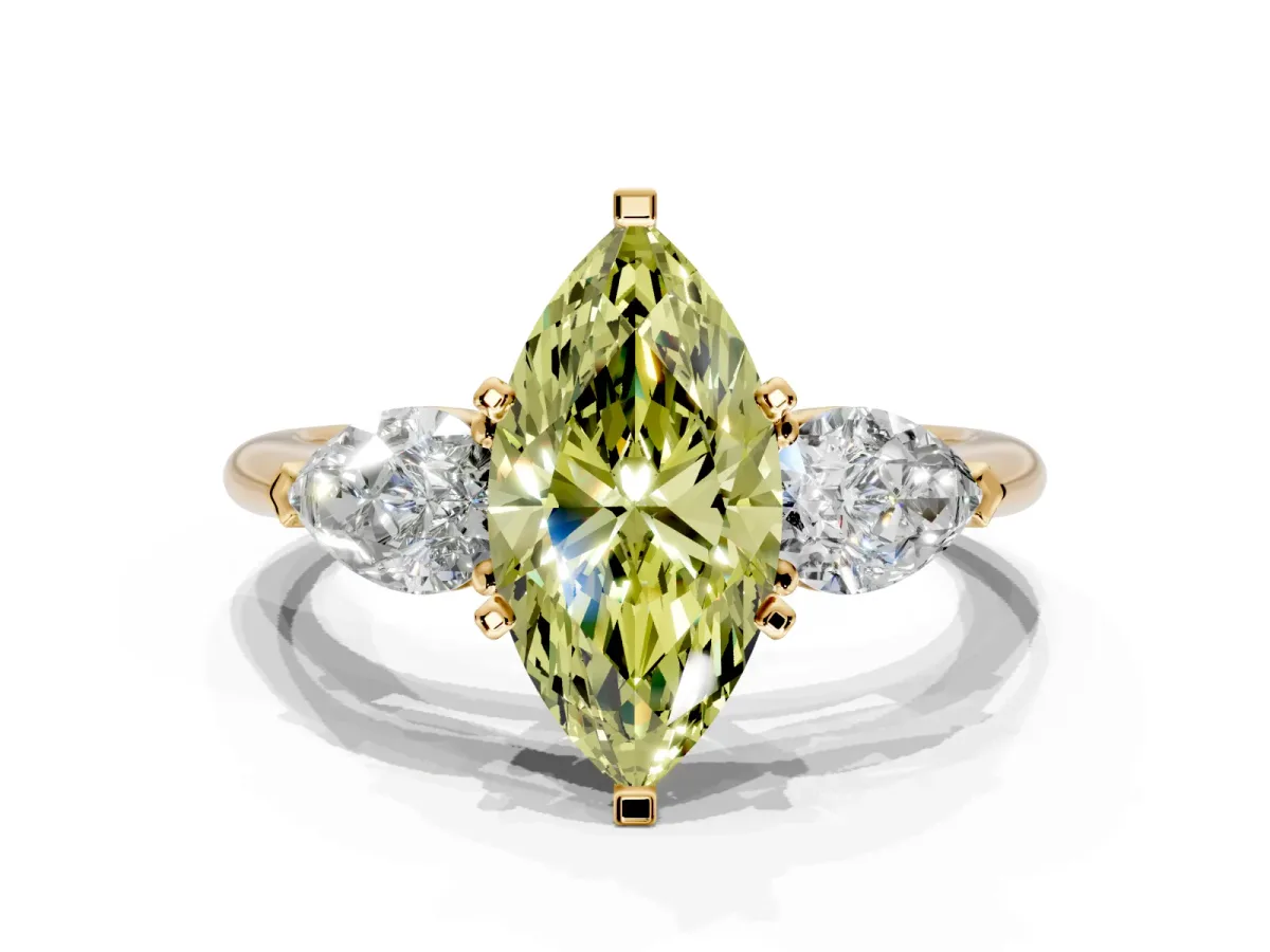 3 Stone Engagement Ring Setting for Fancy Yellow Marquise Center with Large Pear-Shaped Accents and Prong Head in Yellow Gold