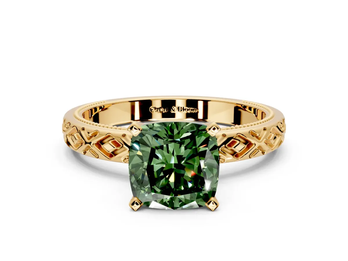 Solitaire Engagement Ring Setting for Fancy Green Cushion Cut Center with Milgrain X Pattern Band and Prong Head in Yellow Gold