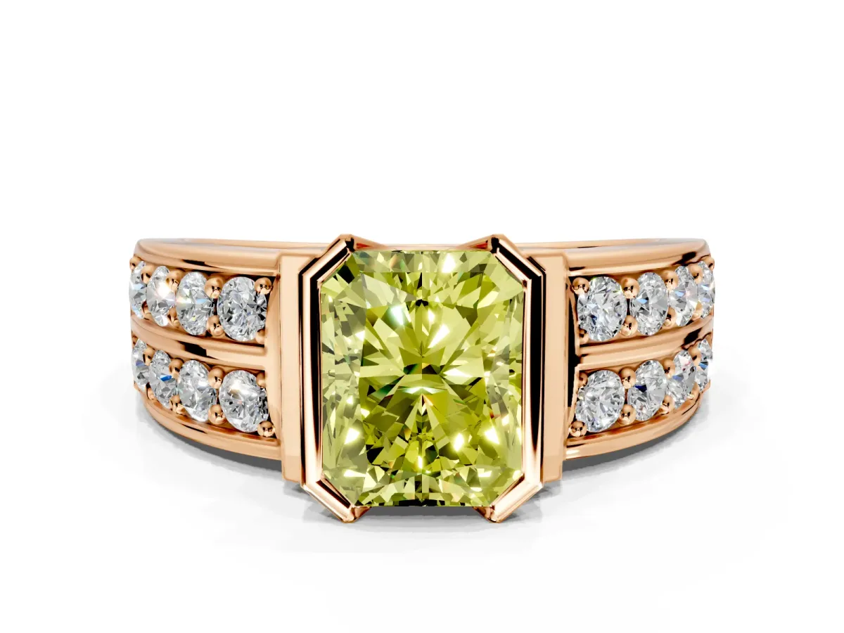 Bezel Engagement Ring Setting for Fancy Yellow Radiant Cut Center with Wide Channel-Set Band and Bezel Head in Rose Gold