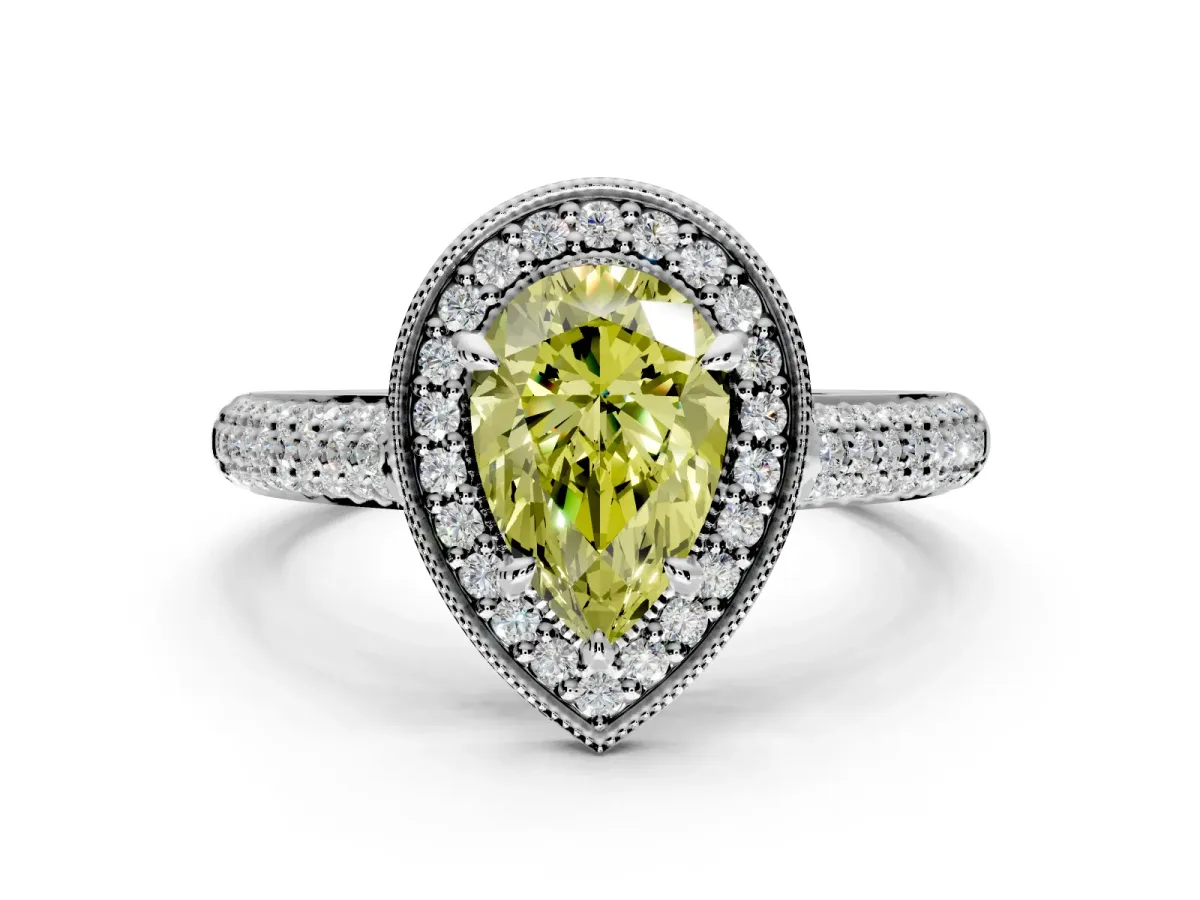 Milgrain Halo Engagement Ring Setting for Fancy Yellow Pear-Shaped Center with Three-Sided Pave Band and Prong Head in Platinum