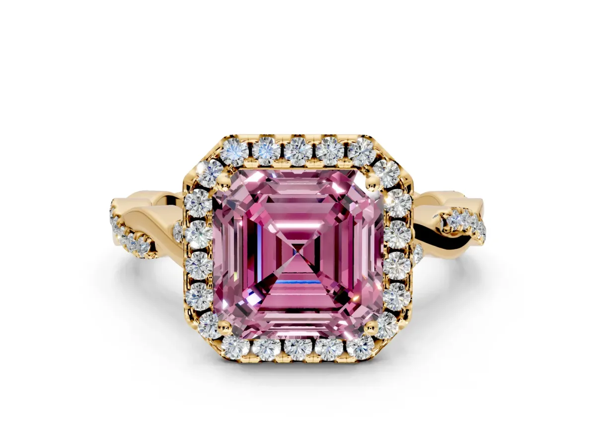 Halo Engagement Ring Setting for Fancy Pink Asscher Cut Center with Twist Band and Prong Head in Yellow Gold