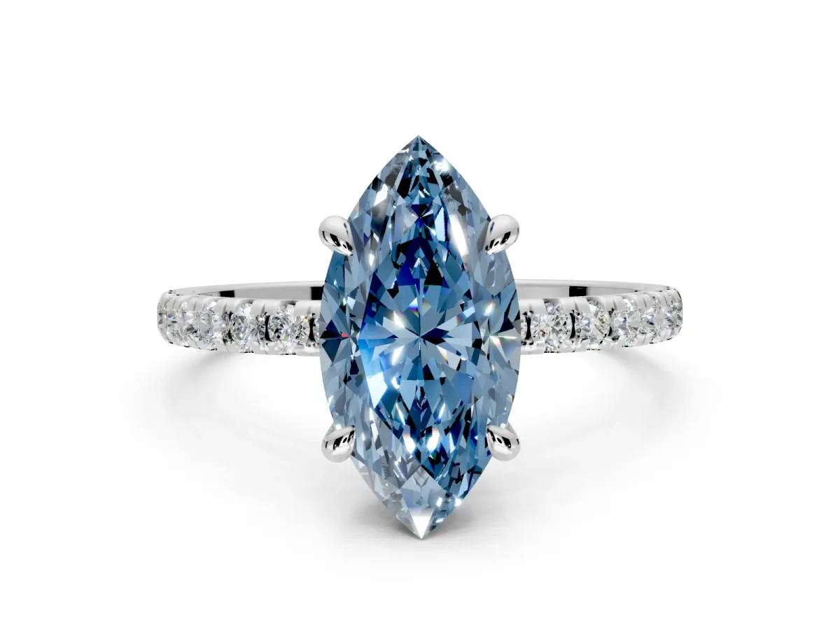 Solitaire Engagement Ring Setting for Fancy Blue Marquise Center with Fine Pave Narrow Band and Prong Head in Platinum