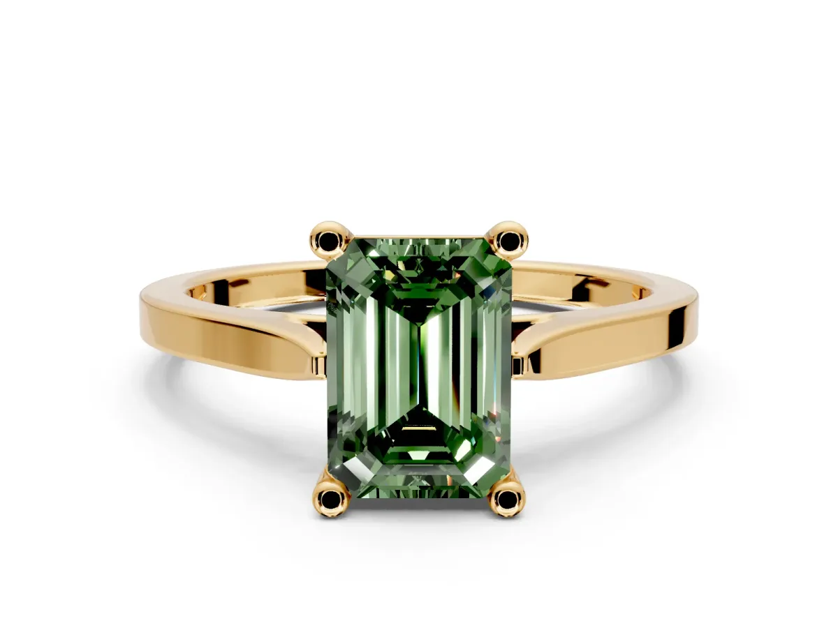 Solitaire Engagement Ring Setting for Fancy Green Emerald Cut Center with Tapered Shoulders and Prong Head in Yellow Gold