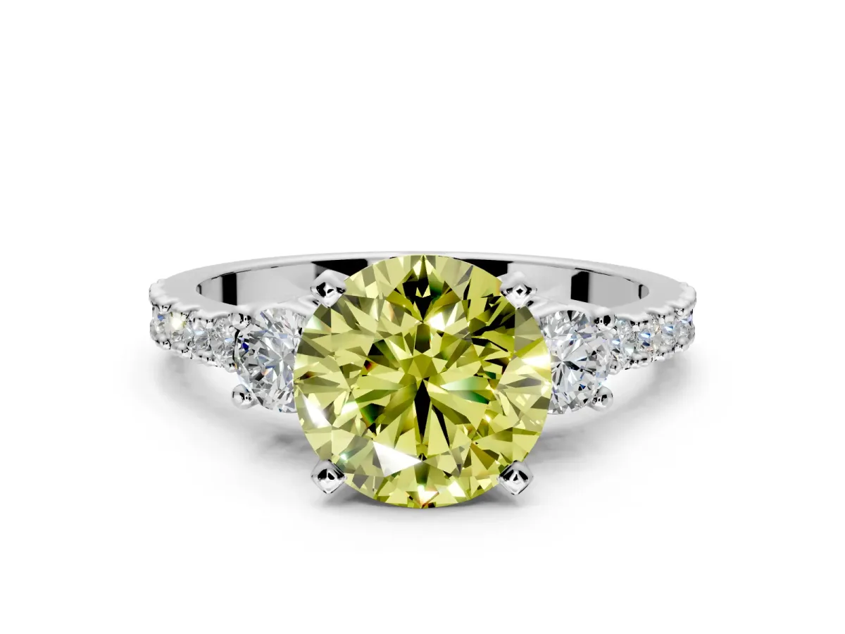 3 Stone Engagement Ring Setting for Fancy Yellow Round Cut Center with Round Cut Side Accents and Prong Head in Sterling Silver