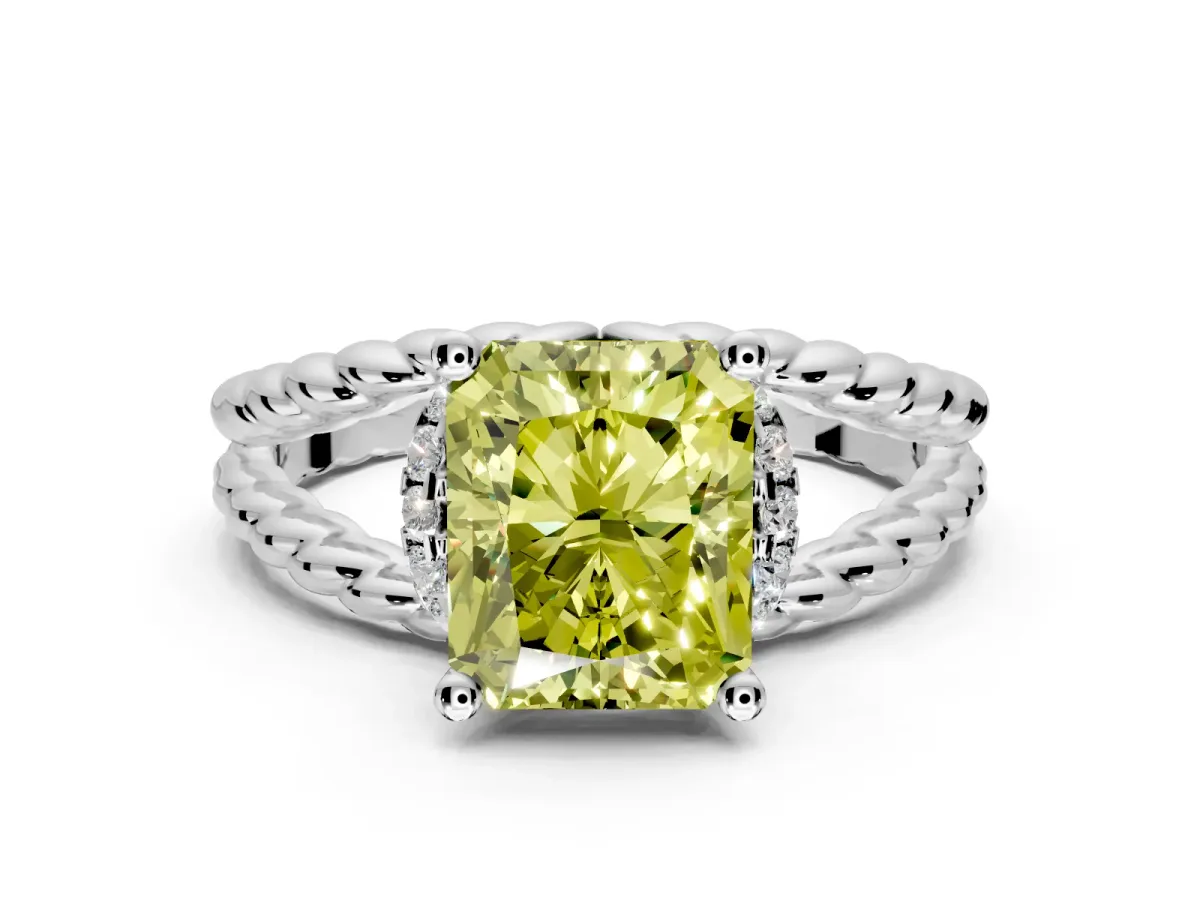 Halo Engagement Ring Setting for Fancy Yellow Radiant Cut Center with Rope Twist Split Shank and Prong Head in Platinum