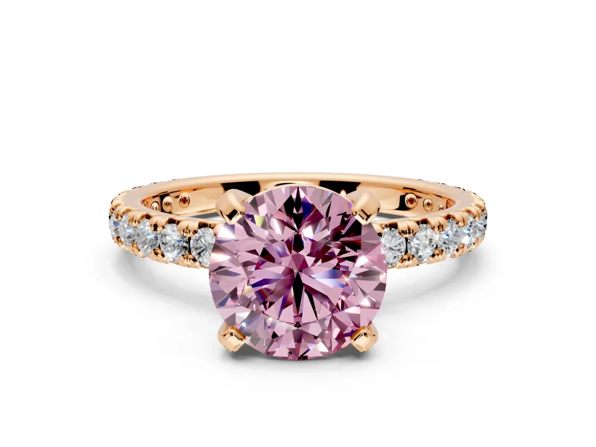 Solitaire Engagement Ring Setting for Fancy Pink Round Cut Center with Shared-Prong Accents and Prong Head in Rose Gold