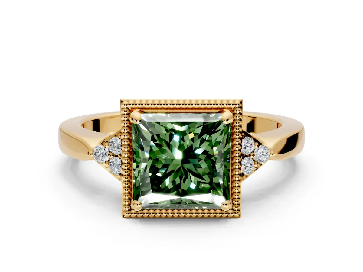 Cluster Engagement Ring Setting for Fancy Green Princess Cut Center with Milgrain Shoulder Clusters and Prong Head in Yellow Gold