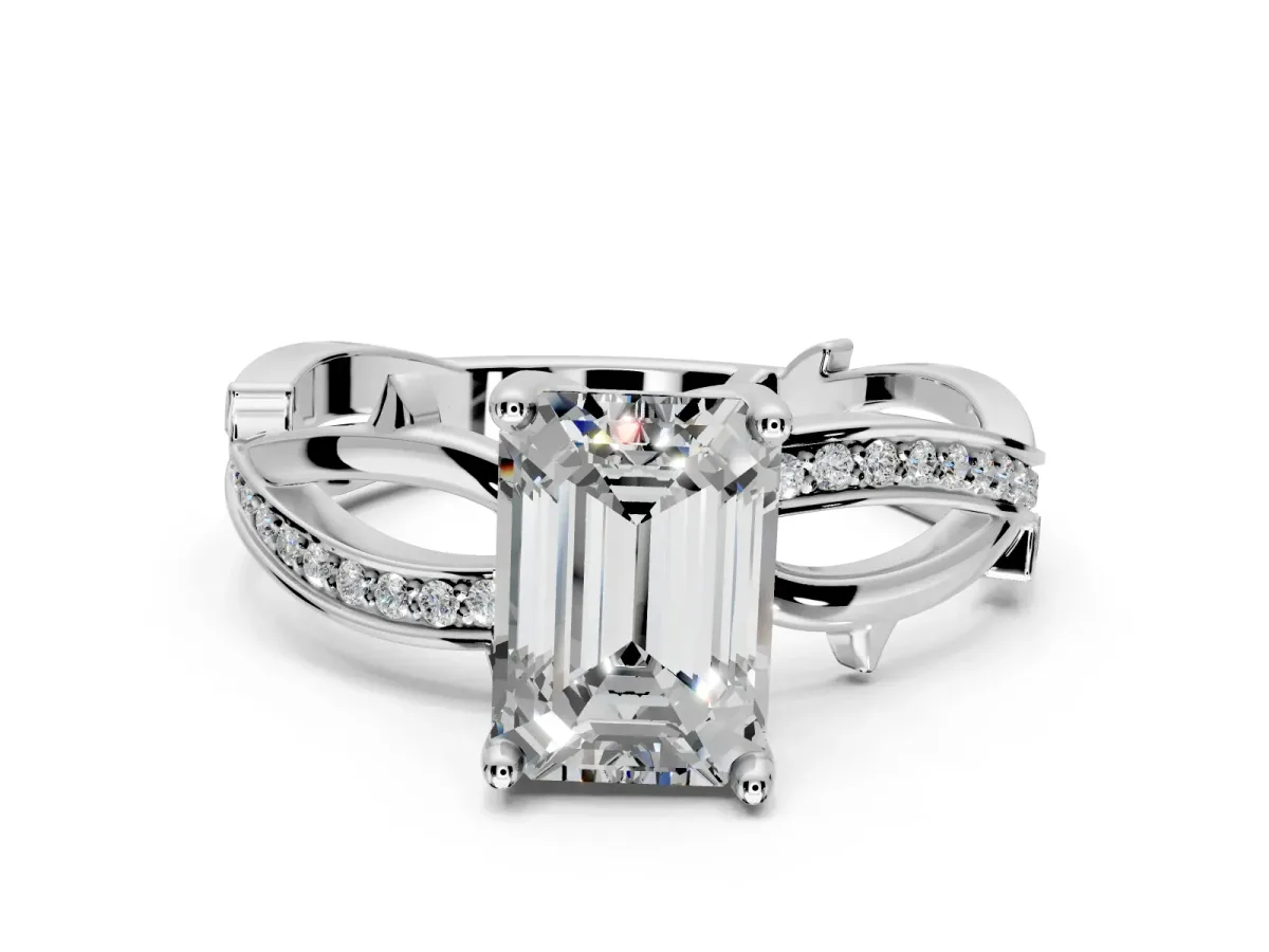 Solitaire Engagement Ring Setting for Emerald Cut Center with Pave and Plain Crossover Band and Prong Head in Sterling Silver