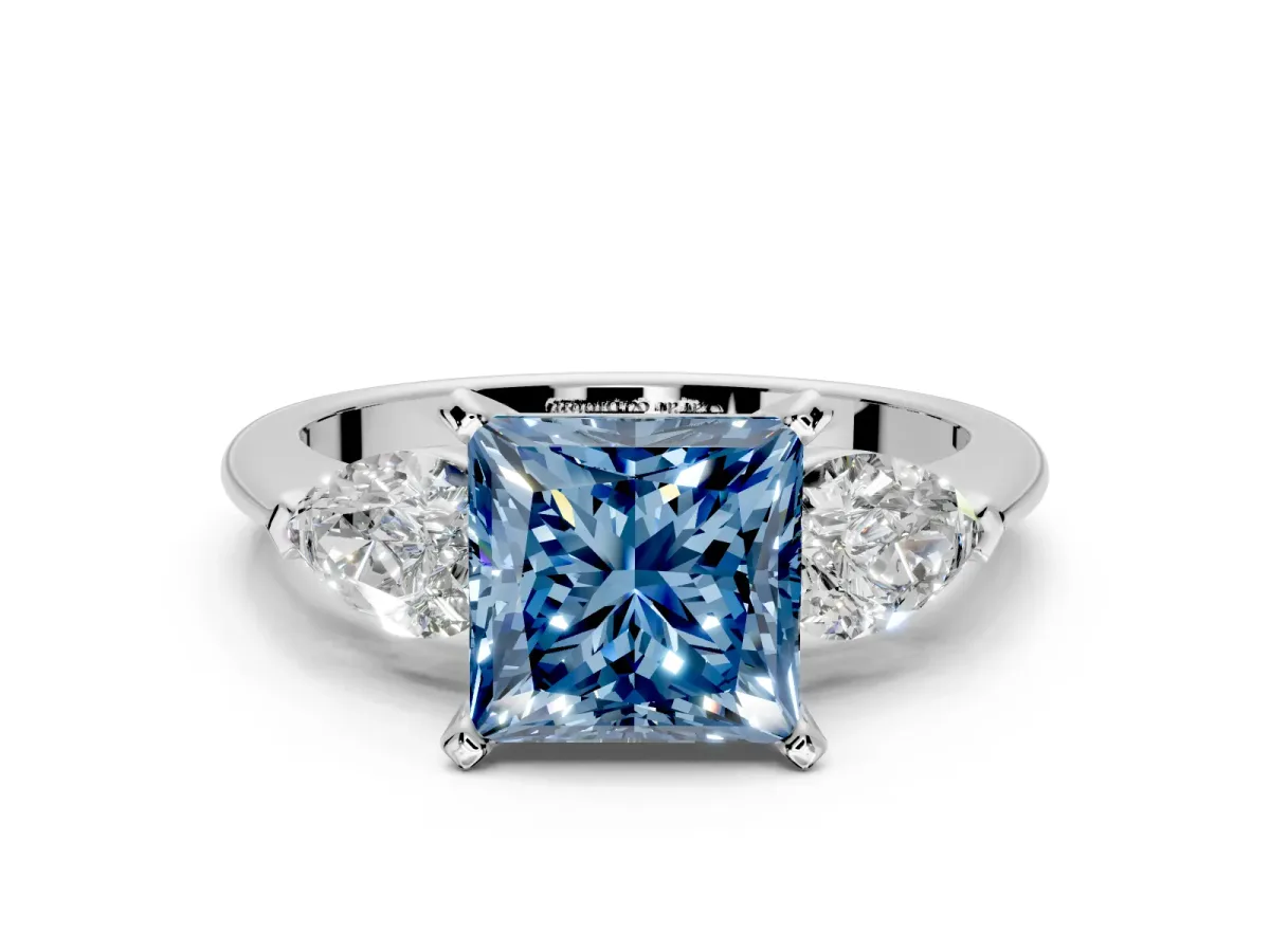 3 Stone Engagement Ring Setting for Fancy Blue Princess Cut Center with Large Pear-Shaped Accents and Prong Head in Platinum