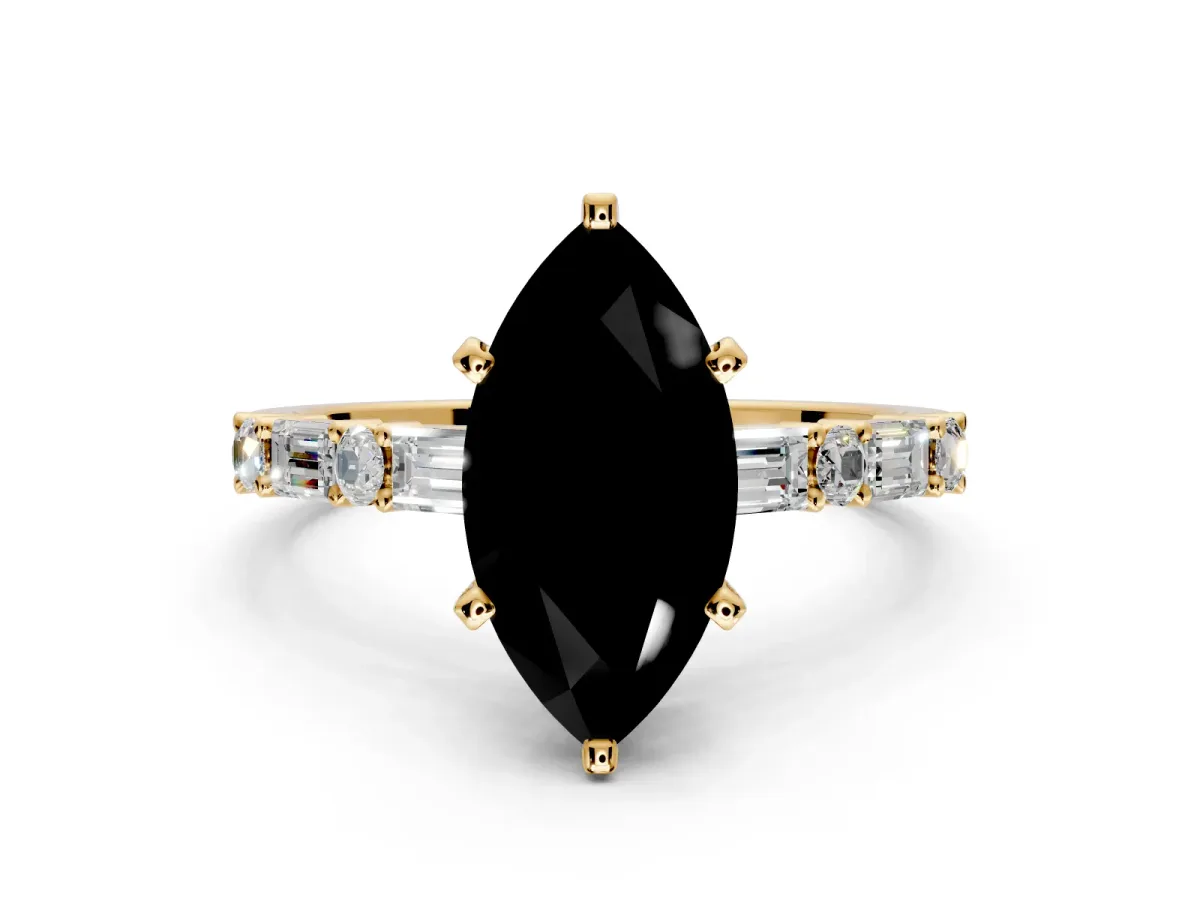 Baguette Engagement Ring Setting for Fancy Black Marquise Center with Alternating Bar-Set Band and Prong Head in Yellow Gold