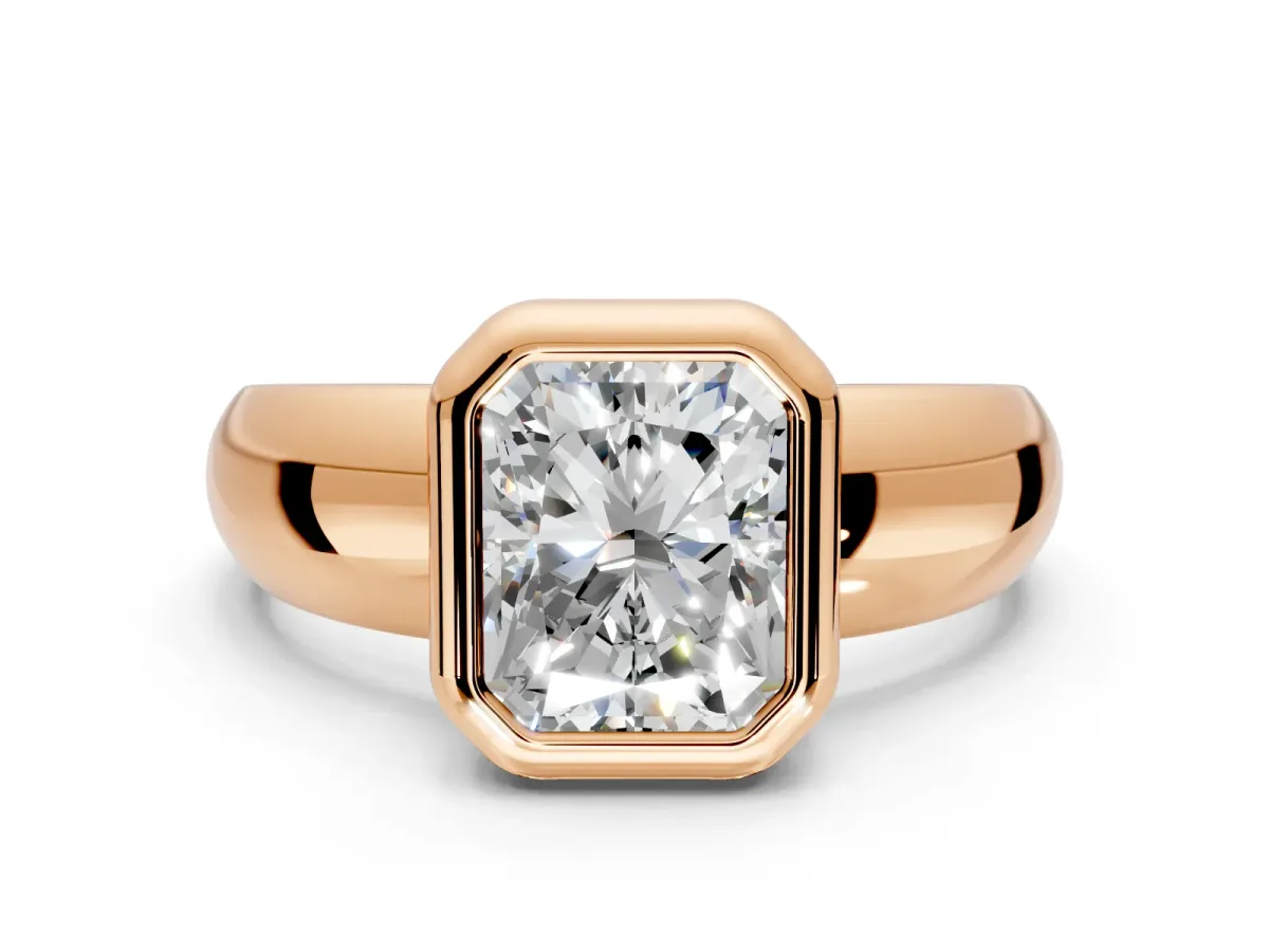 Solitaire Engagement Ring Setting for Radiant Cut Center with Wide Band and Bezel Head in Rose Gold