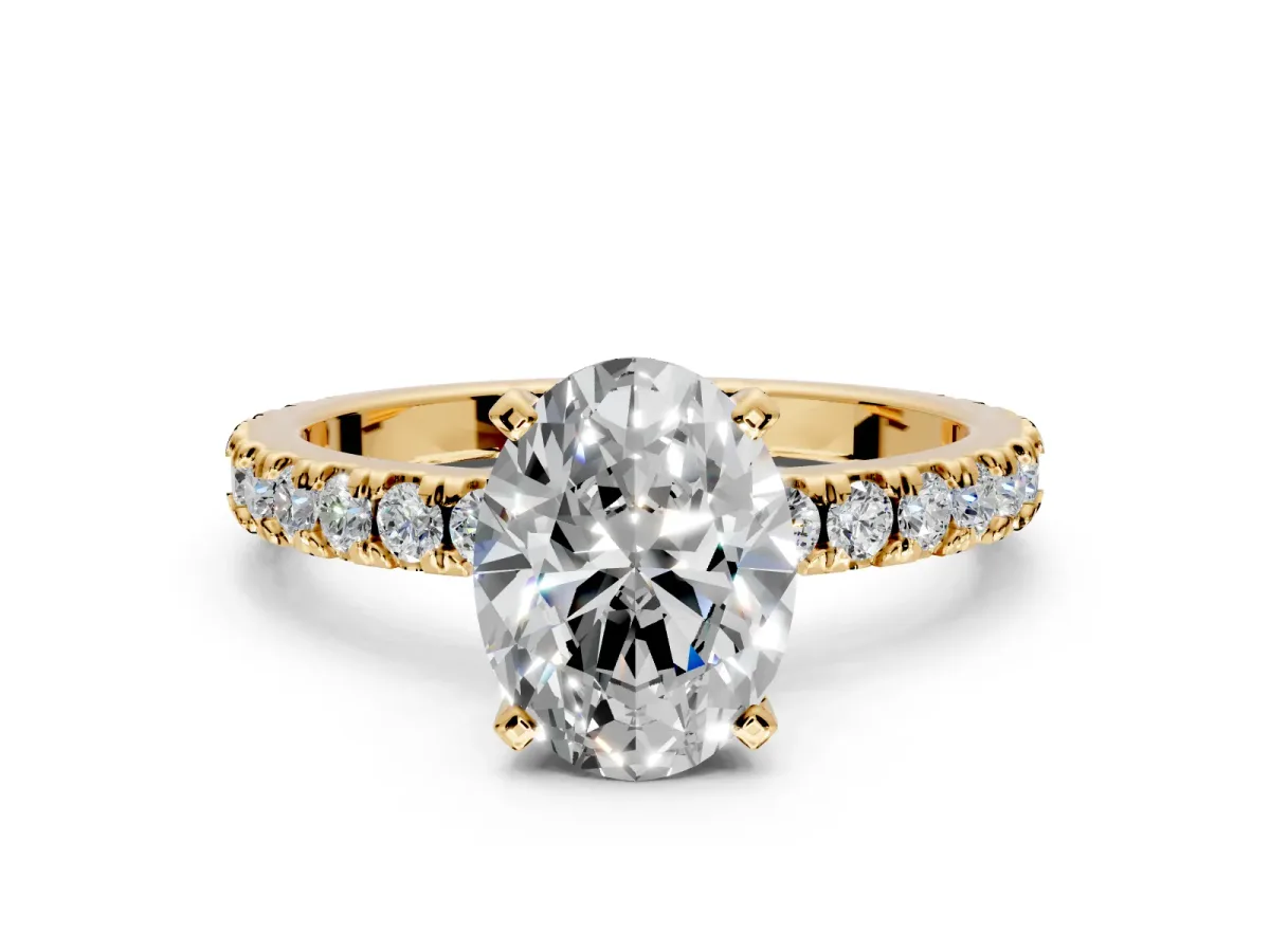 Solitaire Engagement Ring Setting for Oval Center with Fine Pave Band and Claw Prong Head in Yellow Gold