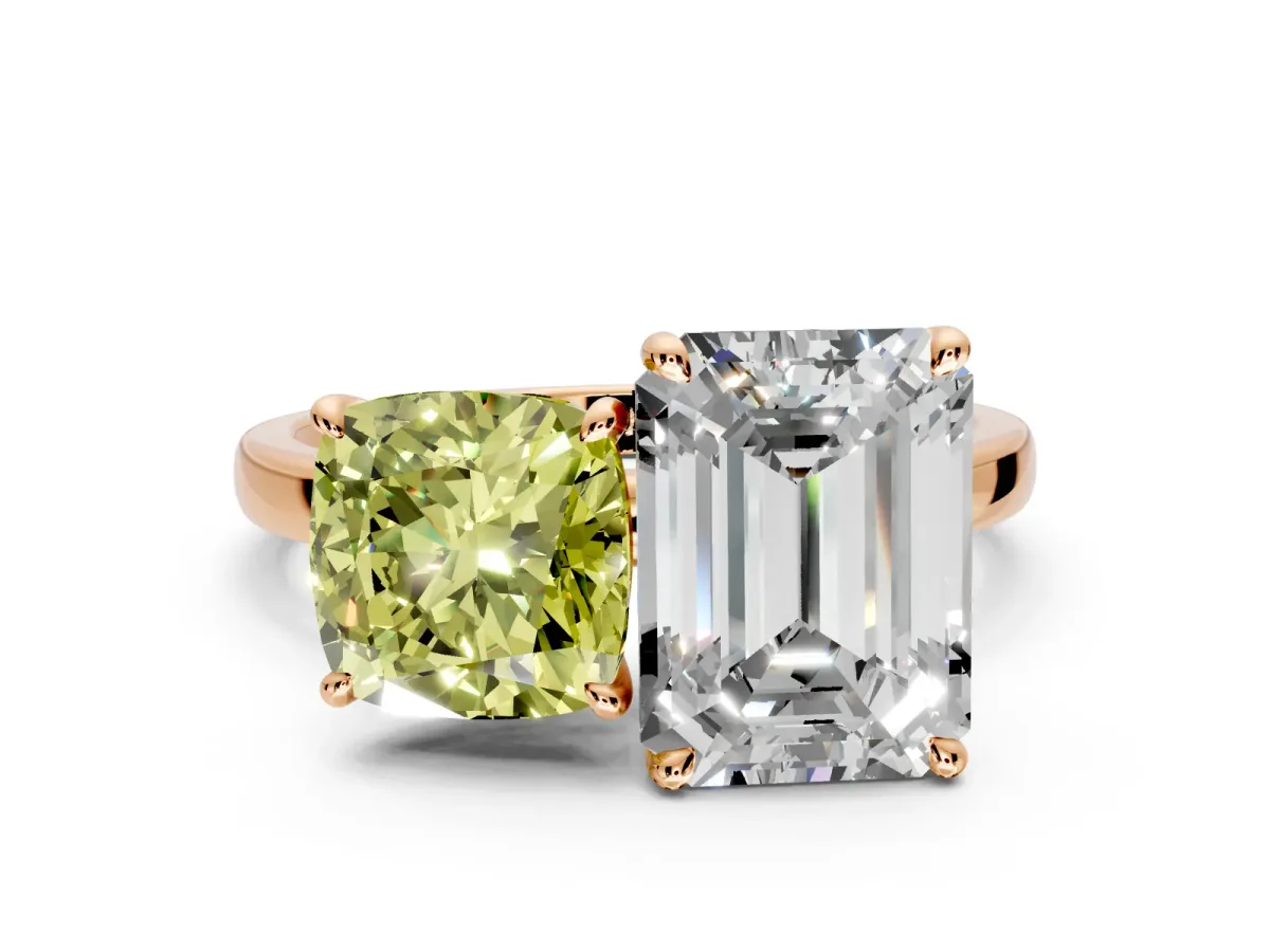 Fancy Yellow Cushion Cut and Emerald Cut Lab-Grown Diamond Toi et Moi Engagement Ring with Prong-Set Stones in Rose Gold