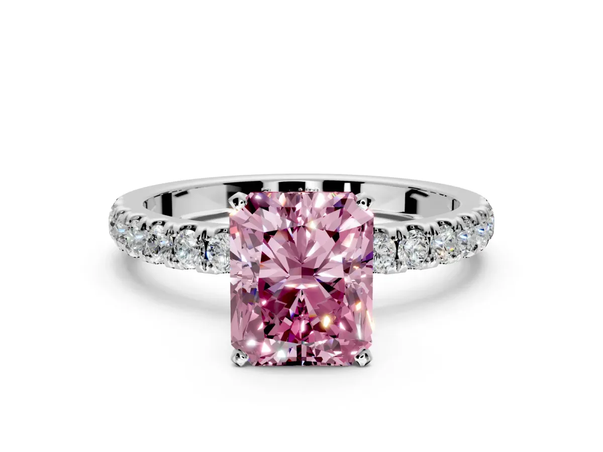 Open Basket Engagement Ring Setting for Fancy Pink Radiant Cut Center with Pave Band and Prong Head in Platinum
