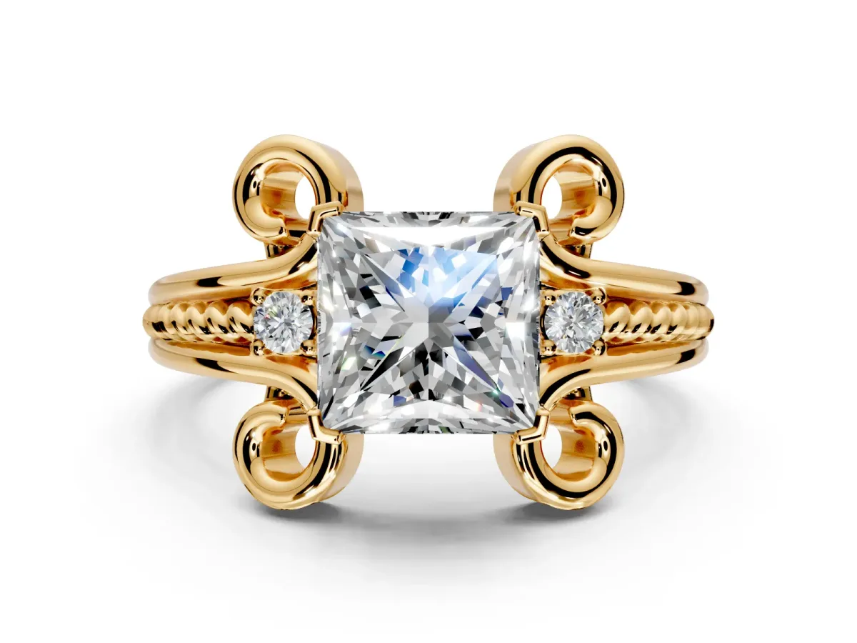 Solitaire Engagement Ring Setting for Princess Cut Center with Twisted Band and Scroll Prong Head in Yellow Gold