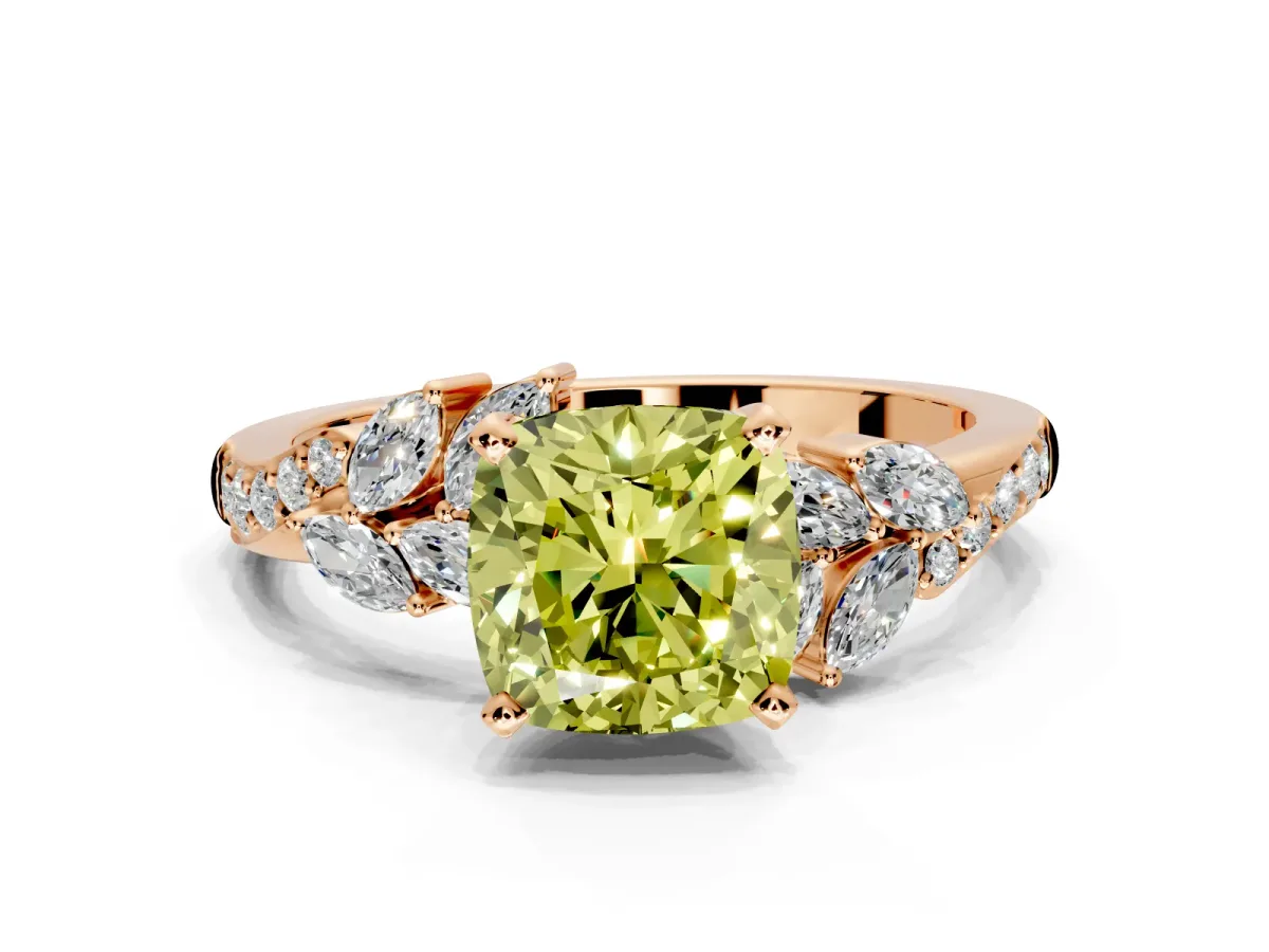 Solitaire Engagement Ring Setting for Fancy Yellow Cushion Cut Center with Marquise Accent Twist Band and Prong Head in Rose Gold