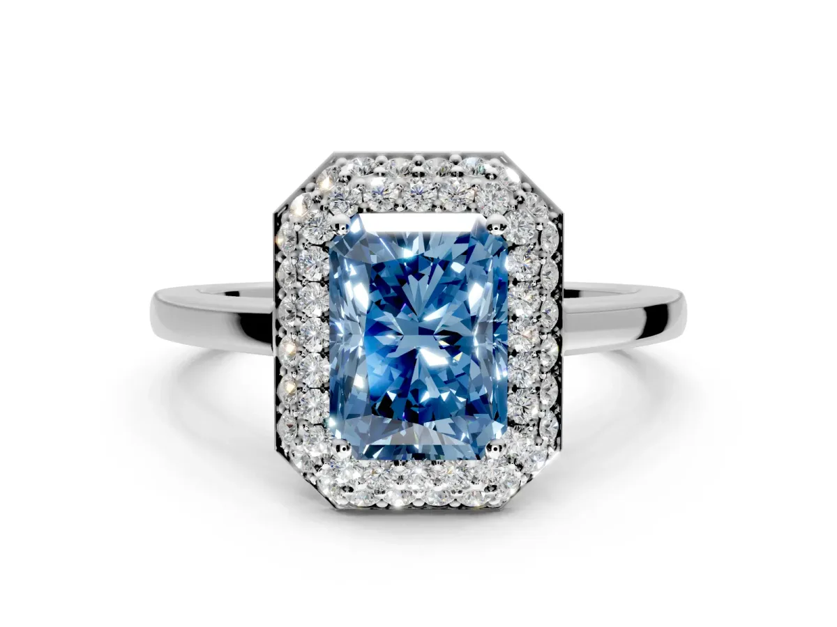 Halo Engagement Ring Setting for Fancy Blue Radiant Cut Center with Plain Tapered Band and Prong Head in White Gold
