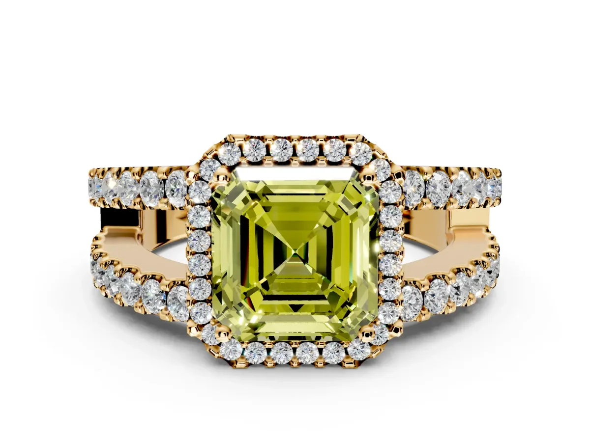 Halo Engagement Ring Setting for Fancy Yellow Asscher Cut Center with Wide-Open Pave Split Shank and Prong Head in Yellow Gold