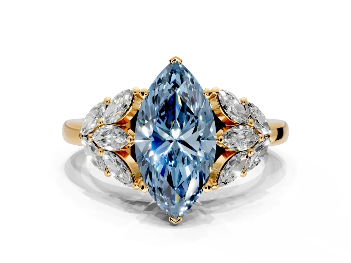 Leaf Cluster Engagement Ring Setting for Fancy Blue Marquise Center with Marquise Accents and Prong Head in Yellow Gold