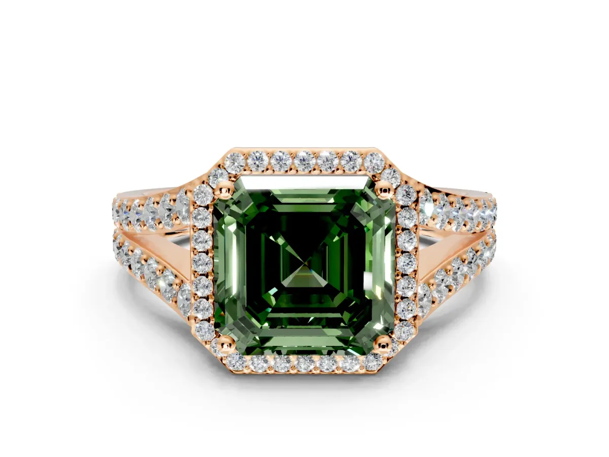 Halo Engagement Ring Setting for Fancy Green Asscher Cut Center with Narrow Pave Split Shank and Prong Head in Rose Gold