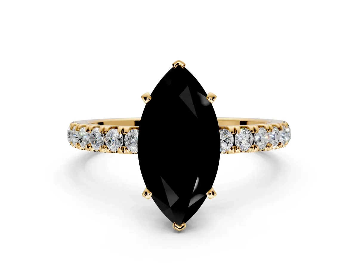 Open Basket Engagement Ring Setting for Fancy Black Marquise Center with Pave Band and Prong Head in Yellow Gold
