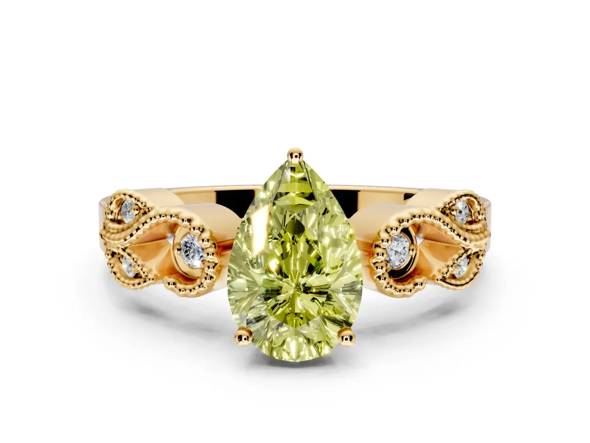 Leaf Engagement Ring Setting for Fancy Yellow Pear-Shaped Center with Milgrain Accent Band and Prong Head in Yellow Gold