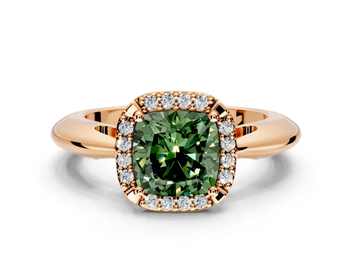 Halo Engagement Ring Setting for Fancy Green Cushion Cut Center with Tapered Plain Band and Prong Head in Rose Gold